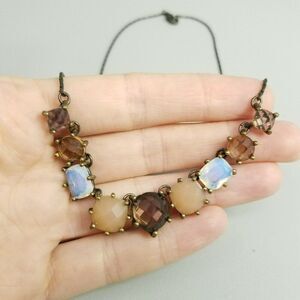 Vintage NR Signed Brown Tan Earth Tone Rhinestone Collar Necklace, Bronze Tone